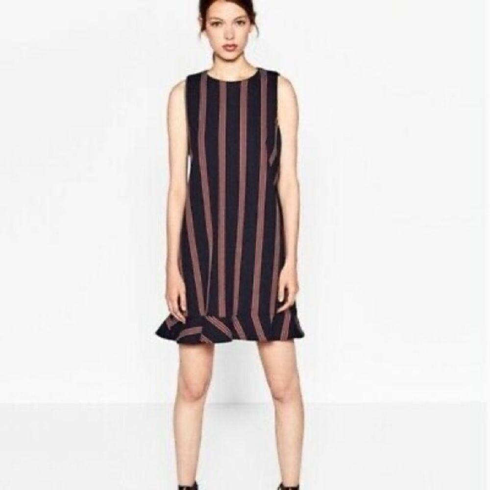 ZARA Striped Shift Dress with Ruffle Hem Red Blue